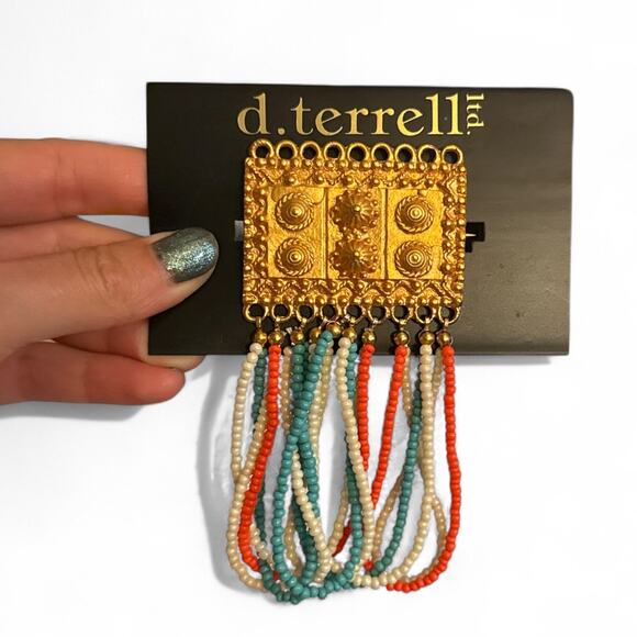 D. Terrell Ltd. Gold-toned rectangular pendant with beaded tassels-Multicolor - Picture 3 of 3